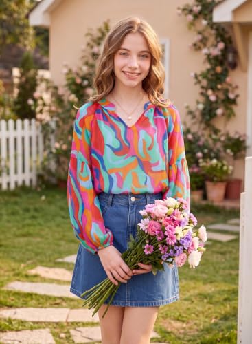 Image of blibean Girls Flower Bell Long Sleeve Blouse Fall Floral Shirts 4-15 Years