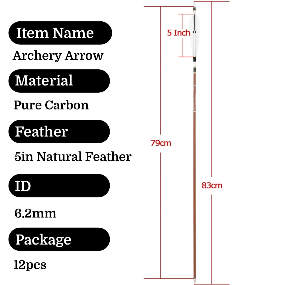 Flèches Archery 31 Pouces en Carbone Pur, 12 pièces, Spine 340, 400, 500, 600, diamètre de la Tige 6,2 mm, Pointe de flèche 100 Grains, Plumes Naturelles