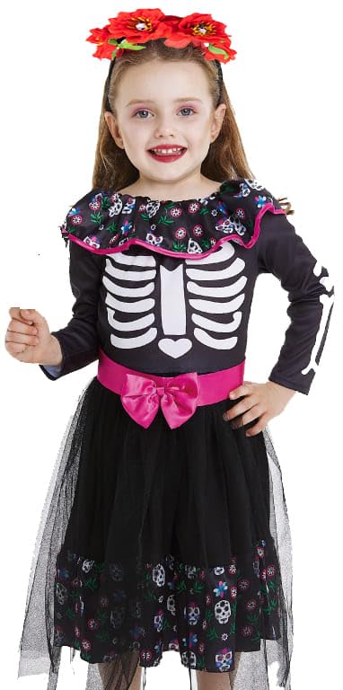 Gojoy shop-Disfraz de Catrina para Niños Halloween Canaval(Contiene:Vestido Bordada con Calavera Colorea Manga Larga con Esqueleto,Cinturon,Diadema y Mochila de Cuerdas.) (6-12 meses)
