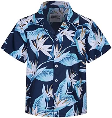 MOHEZ Little & Big Boys Hawaiian Shirts Short Sleeve Floral Summer Beach Tropical Casual Aloha Luau Shirts Top for Kids Navy 11-12 Years Old