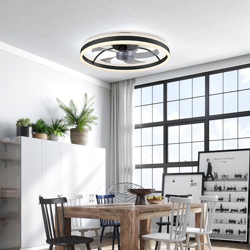 HOMCOM LED Deckenleuchte mit Ventilator, Deckenventilator mit Beleuchtung, 50 cm mit Fernbedienung, 6 Geschwindigkeiten, 3 Leuchtfarben, Leise DC Motor, Timer für Wohnzimmer, Schlafzimmer, Schwarz