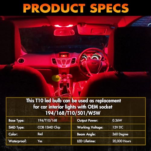 Alopee 30 Pack 194 Led Bulb Red Acrylic 168 Led DC 12V Interior Dome Lights for 194 168 T10 2825 W5W Car Reading Tail Door Light - Thumbnail 3