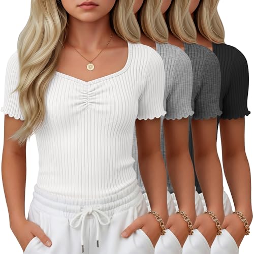 YooAurvox 4 Pack Girls Shirts Teen Cute Basic Tops Trendy
