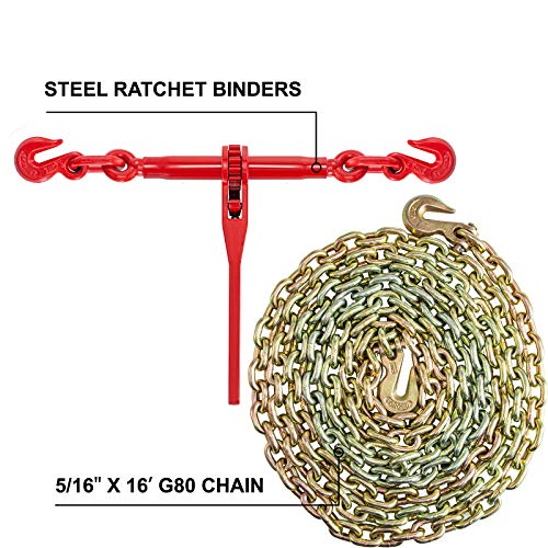 Vevor Chain And Binder Kit 5/16In-3/8In, Ratchet Load Binders 6600Lbs Working Strength, Ratchet Binders And Chains, 5/16In X 20Ft Chains W/ G70 Hooks, For Truck, Tie Down, Hauling, Towing #TOP2