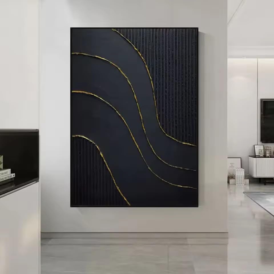 Peinture texturée 3D noire grand format pour salon contemporain
