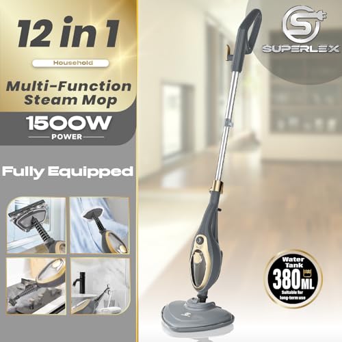SUPERLEX 12-in-1 Multi-Function Steam Mop & Handheld Cleaner | 1500W Fast Heating for Hard Floors, Carpets, Windows, Upholstery | Gold & Black
