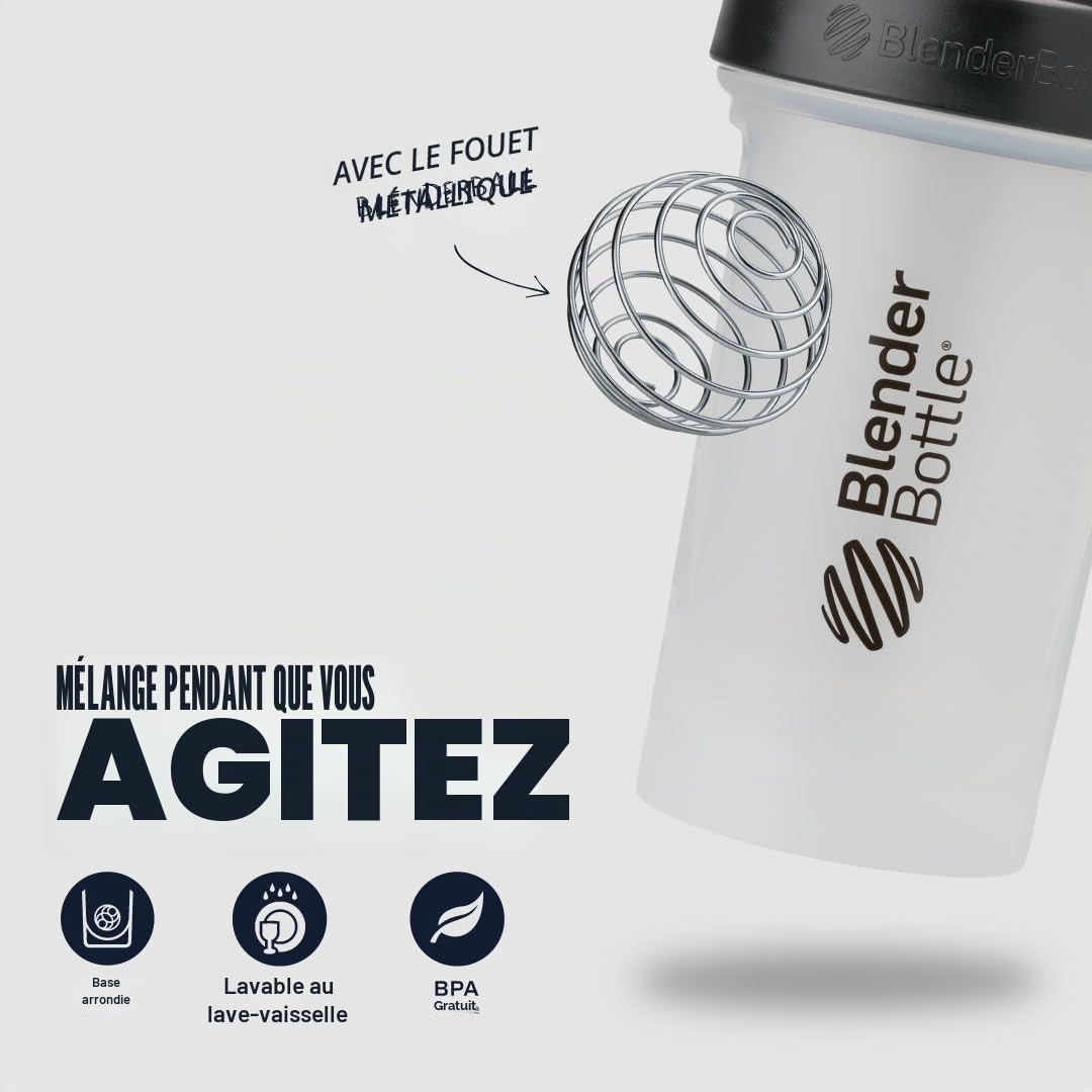 BlenderBottle Shaker Classic V2 avec Boule en Acier Inoxydable, Parfait pour Les Boissons protéinées, Passe au Lave-Vaisselle, 830 ML, Transparent/Noir