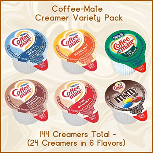 Coffee Mate Liquid Creamer Singles Variety Pack, 6 Flavor, (144 Pack), Shelf Stable - No Refrigeration Needed, *Custom Leak Resistant Packaging*, ( M&M, Vanilla Caramel, French Vanilla, Hazelnut, Original, Irish Creme)