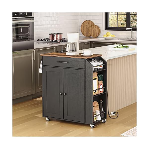 Hoobro kitchen island with power outlet kitchen storage island with spice rack and drawer rolling kitchen cart on wheels for home kitchen and dining room rustic brown and black  urban country home decor