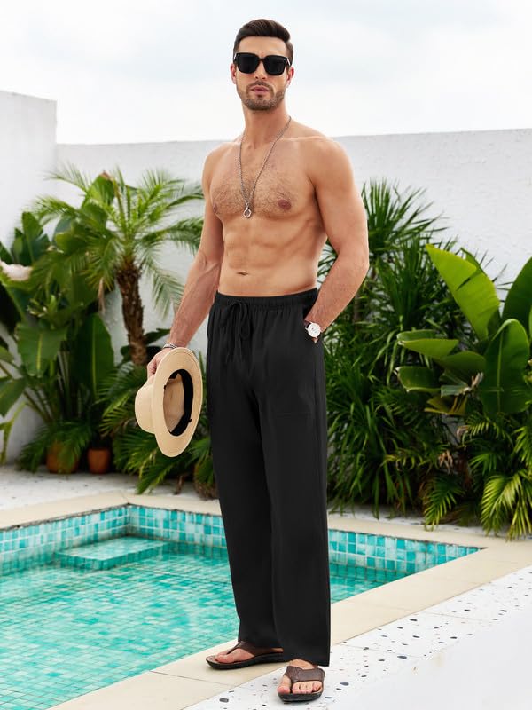 Litthing Pantalones de Lino para Hombre Pantalon de Jogging Algodón Pants Casuales de Verano con Bolsillos Color Sólido Pantalones Holgados con Cordón Pantalon Cómodos y Ligeros