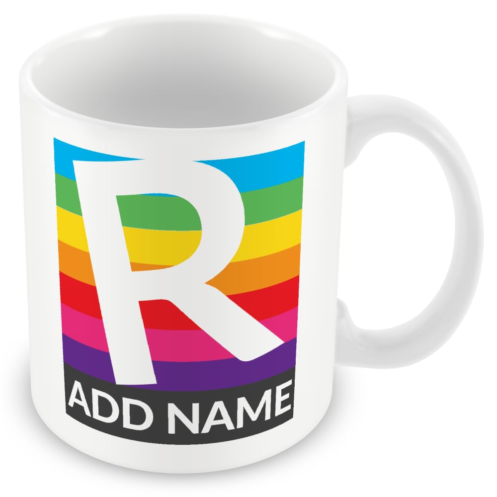 MUGGZ Personalised Initial & Name Mug – Custom Letter & Name Coffee Cup – Rainbow Pattern – Unique Custom Monogram Gift for Friends & Family – Birthday, Christmas, Office & Home – 11oz Ceramic