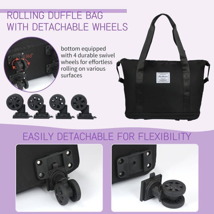 Image of Wheel Bags for Travel Luggage Carry on Duffel Bag, Expandable Foldable Luggage Bag, Dry and Wet Separation Rolling Bag, Travel Totes for Women & Men (1Pcs)(Black)-JE