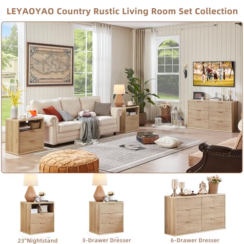Image of LEYAOYAO Fluted Nightstand Set of 2 with Charging Station,23 inch Modern Nightstand with Wood Grain Top, 2 Drawer End Table w /Storage, BedsideTables for Bedroom, Living Room,Natural