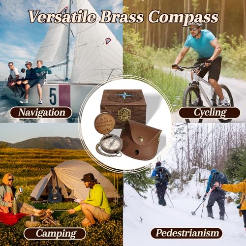 Brújula de bolsillo personalizada grabada con caja de madera, brújula vintage de latón con estuche de cuero PU, para camping, senderismo y pesca miniatura 5