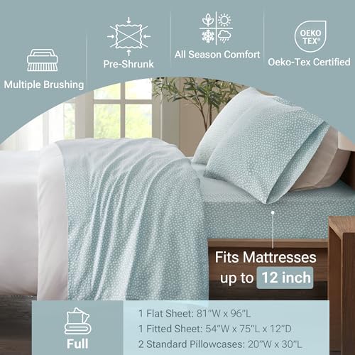 True North by Sleep Philosophy Cozy Flannel Warm 100% Cotton Sheet - Novelty Print Animals Stars Cute Ultra Soft Cold Weather Bedding Set, Full, Aqua Dots 4 Piece
