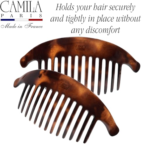 Image of Camila Paris CP2430 /2 French Hair Side Combs Tortoise Shell Interlocking Combs French Twist Hair Combs, Strong Hold Hair Clips for Women Bun Chignon Up-Do Styling Girls Hair Accessories Made in France