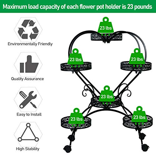 Ozzptuu Metal Planter Stand With Wheels 4 Tiers Heart Shaped Flower Pot Holder For Indoor Outdoor Rolling Planter Display Rack For Patio Garden (Black) #TOP3