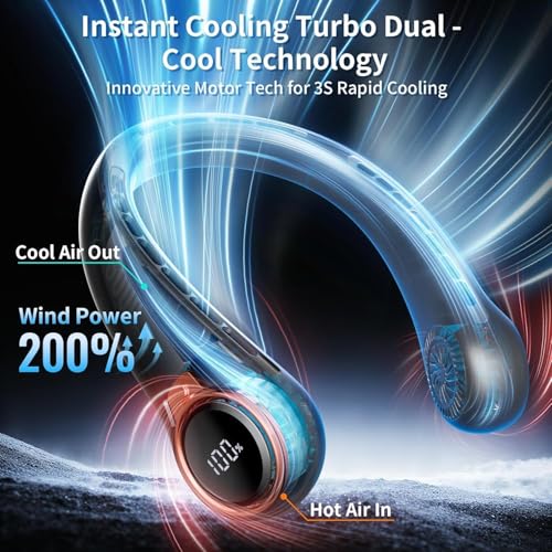 Image of Portable Neck Fan with 6000mAh USB - Rechargeable Battery, Ultra-Light Bladeless Neck Fan LED Display, 360 Cooling Wearable Fan, 3 Speeds (Black)