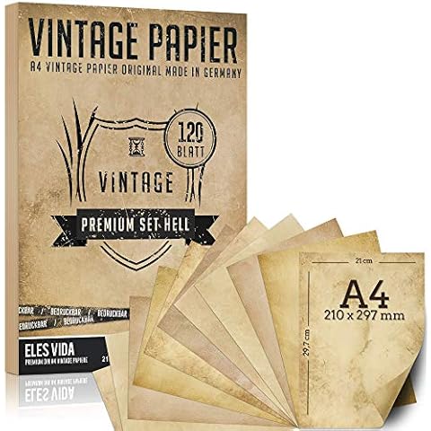 120 Blatt Altes Papier, Vintage DIN A4 bedruckbar - Urkunden Schatzkarten Bastelpapier, Kartonpapier - Bastel für Karten,Hochzeit, Adel Geschenke, Nostalgie Geburtstag Ritter und Piraten Cover