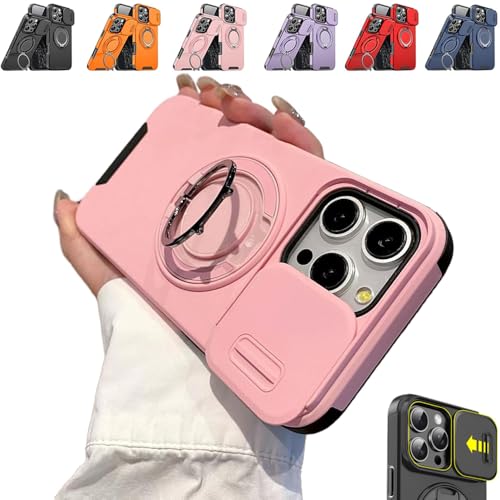 Case with Slide Camera Cover with Rotating Stand and Privacy Camera Magnetic Stand Cover for iPhone 17/16/15/14 Pro Max (Pink,Fo