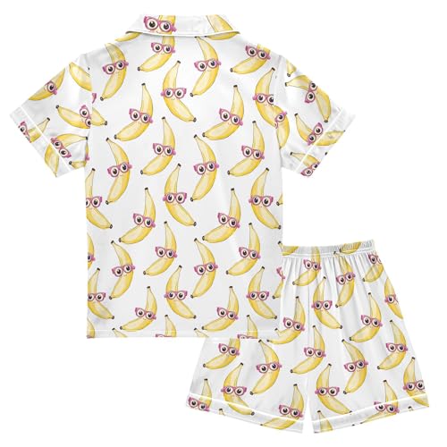 Yellow Bananas Pink Glasses Summer Pajamas Set Silk PJS Set Satin Sleepwear Short Sleeve Button Down Nightwear 5-14Y2