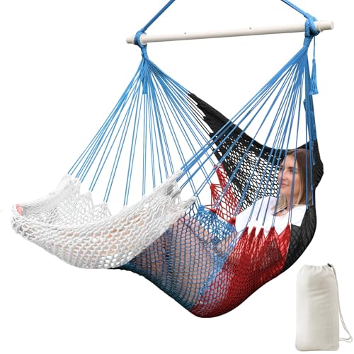 Image of Chihee Handwoven Hammock Chair 7.9ft Detachable Strong Metal Spreader Bar | Stretchy Cotton Blended Rope Large Hanging Chair Ventilated Mesh Swing Seat Color Blocking Portable Carry Bag Indoor Outdoor