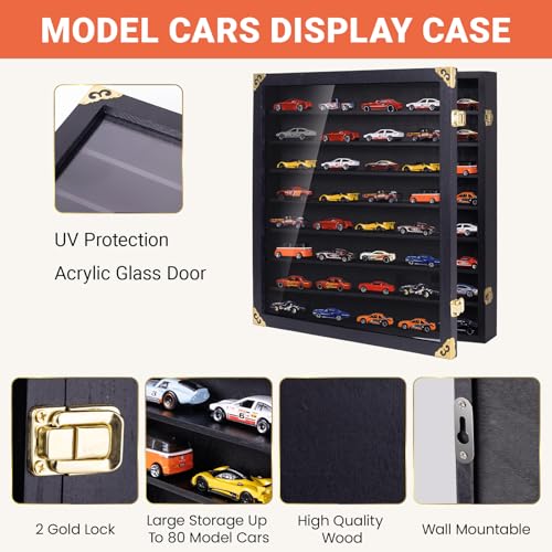 Image of Giant Model Car Display Case with Wall Mounts,Display up to 50 Cars ,Model Hot Toy Cars Storage Organizer,15.7*2.75*16.7 Inches,UV Protection Acrylic Glass Door,Gold Lock,Black