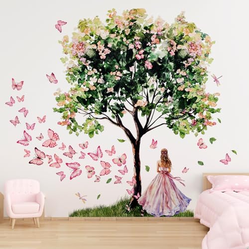 Vinilos decorativos de árbol floral para pared niña mariposa