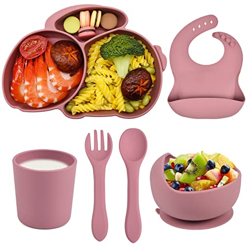 Hoseay Set Pappa Bambini Silicone Kit Svezzamento con Bambina Piatti Ventosa Piatto Cucchiaio Forchetta Ciotola Bavaglino Tazza 6 Pezzi Senza BPA Set Pappa Prima Neonato Sicurezza Lavastoviglie, Rosa