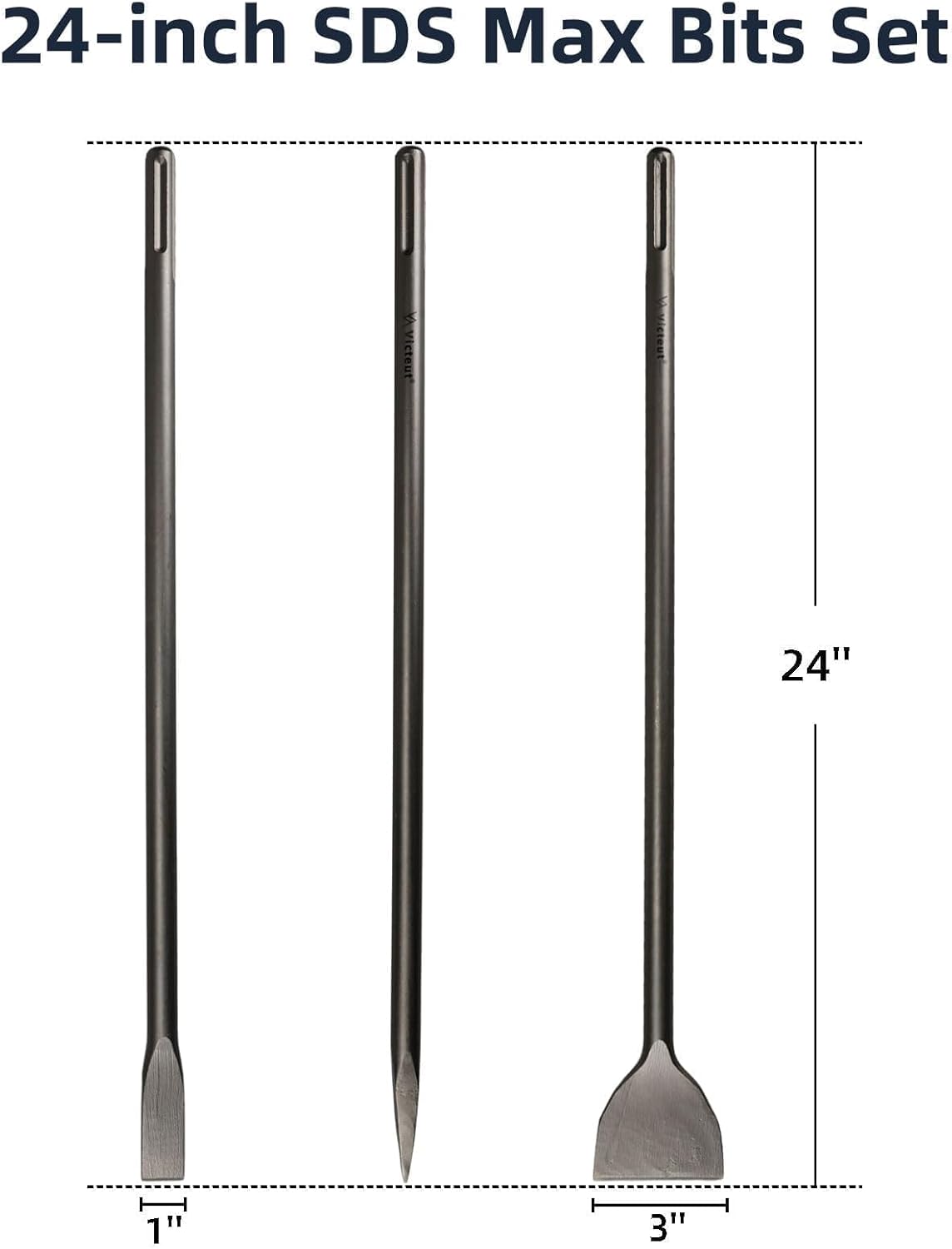 24 Inch SDS Max 3pc Set - 1 Inch Flat Chisel, Point Chisel and 3 Inch Scaling Chisels - Masonry Concrete Drill Bit Set 40Cr Steel SDS Max Bits Rotary Hammer Drill for Brick Stone Concrete