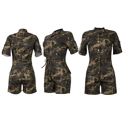 Womens Casual Camo High Waist Shorts Pants Jumpsuits V Neck Short Sleeve Button Up Rompers With Pockets Plus Size Club #TOP6