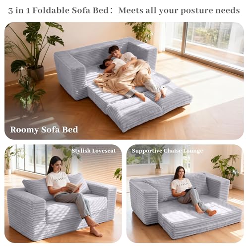 Image of HABUTWAY 62 inch Small Boneless Couch,3-in-1 Convertible Folding Sofa Bed, Corduroy Loveseat Sofa Bed w /2 Pillows for Living Room /Guest Room No Assembly Required, Light Grey