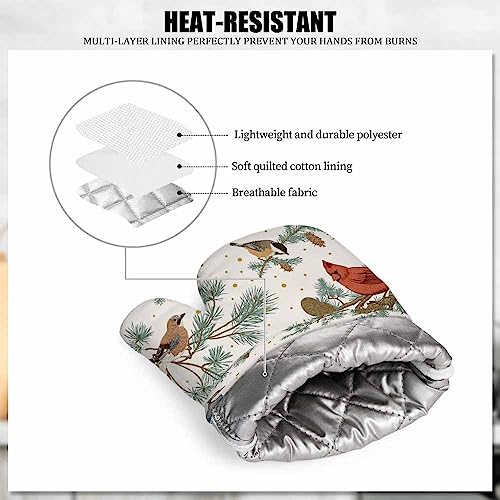 Mxocom OVENMITTA3018 Winter Birds Oven Mitts And Pot Holders Sets Vintage Green Botanical Sparrow Red Tit Bullfinch Bluebird Pine Branches Cones Silicone Heat Resistant Kitchen Oven Gloves Pot Holder thumb #4