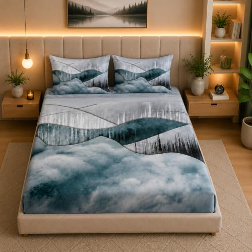 Image of 7D Digital Printed King Size Bedsheet with 2 Pillow Covers | Soft Premium Cotton Feel Microfiber Double Bed Bedsheet | Wrinkle Free & Fade Resistant | (LightBlue, King Size - 90 x 100)