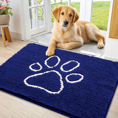 Image of Smiry Dog Door Mat for Muddy Paws, Absorbent Dirt Trapper Non Slip Quick Dry Washable Chenille Mat for Mud Dogs, Entry Rug for Indoor and Outdoor (36x24 Inches, Navy Blue and White)