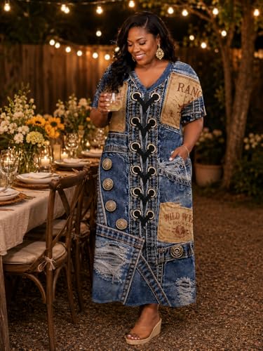 Image of Plus Size Maxi Dress for Women Short Sleeve V Neck Casual Loose Sundress with Pockets