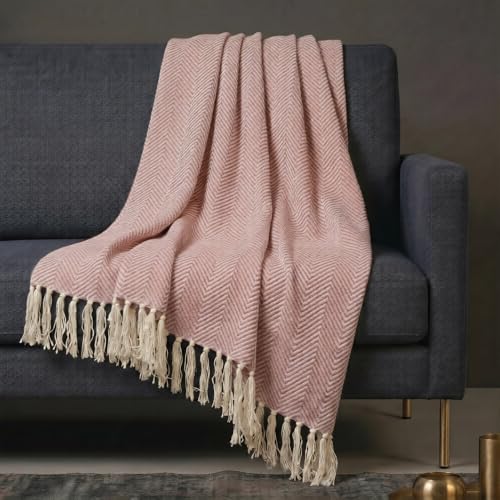 Image of SAJAVAT HOME Hand-Knitted Cotton Sofa Throw | Light Pink Tassel Design for 3 & 5 Seater Sofa & Bed | Soft Lightweight All-Season Throw Blanket (80x52 Inches)