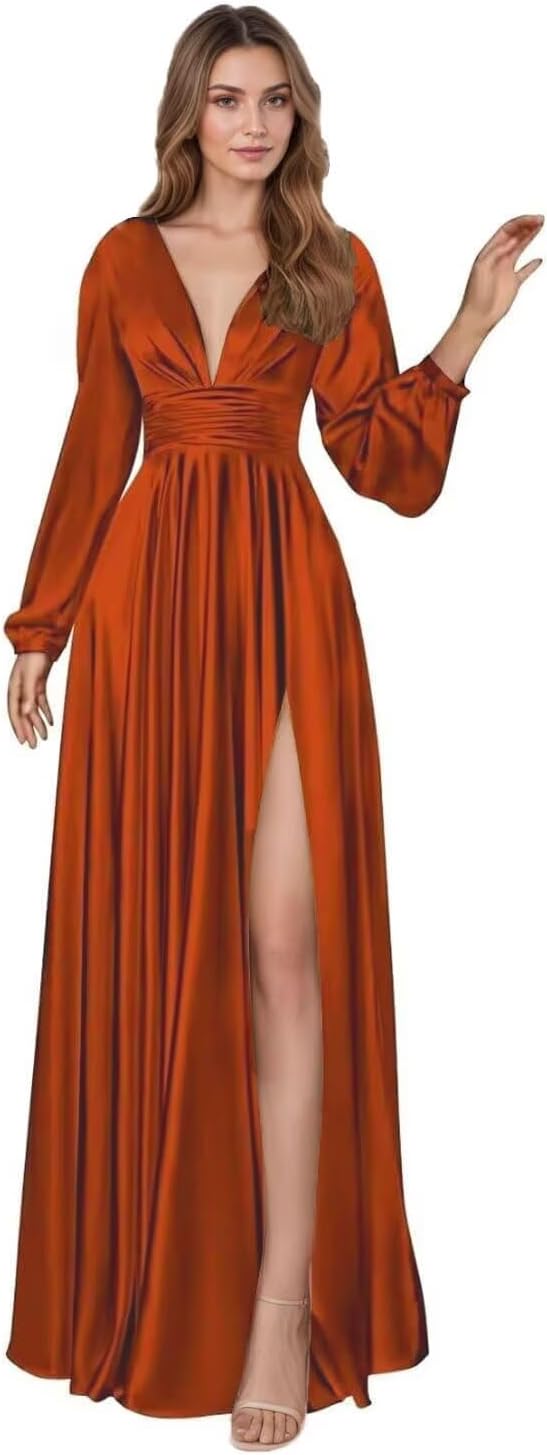 Long Sleeve Satin Bridesmaid Dresses A Line Split Pleated Prom Dress Formal Evening Dress with Pockets BD020