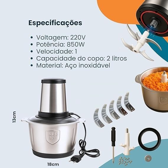 Processador Triturador Picador Moedor de Alimento 2 litros em Inox Carne Legumes Vegetais 220v 850w Potente Multiprocessador Premium