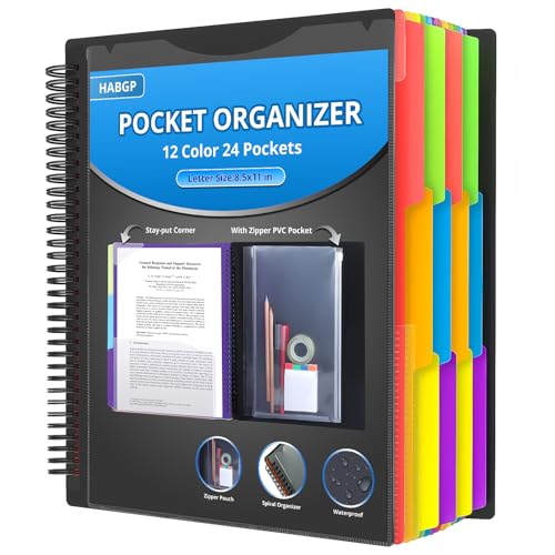 habgp - HABGP 24 Pocket Plastic folders with Pockets, 12 Colors Multi Pocket Folder Binder with Dividers, Office Organizer Folder Letter Size School Supplies
