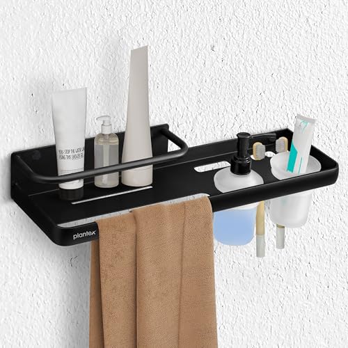 Image of Plantex 4 in 1Shelf for Bathroom /Aluminium Bathroom Shelf Rack /Self Adhesive Bathroom Shelf /Liquid Soap Dispenser /Tooth Brush Holder /Towel Hanger Space /Bathroom Accessories Set-(Pack-1, Black)
