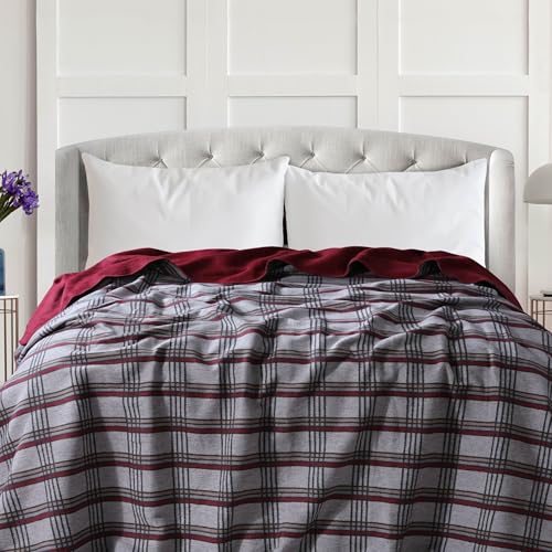 Tribeca Living Plaid Blanket Queen Size - German-Made Reversible Blanket with Cotton Acrylic Blend - Soft and Cozy Yarn Dyed for All Seasons in Plaid Deep Red
