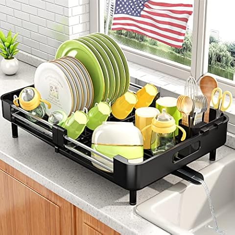 Dish Drying Rack - Expandable Dish Rack for Kitchen Counter, Large Dish Drainer, Stainless Steel Drying Dish Rack with Utensil Holder, Black Cover