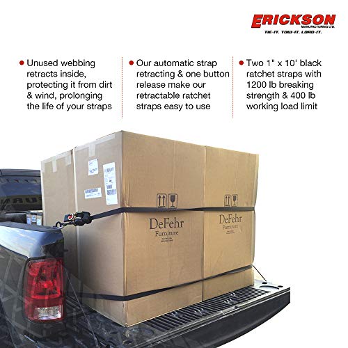 Erickson 34415 Pro Series Black Retractable Ratcheting Tie-Down Strap (Pack Of 2, 1" X 10') #TOP2