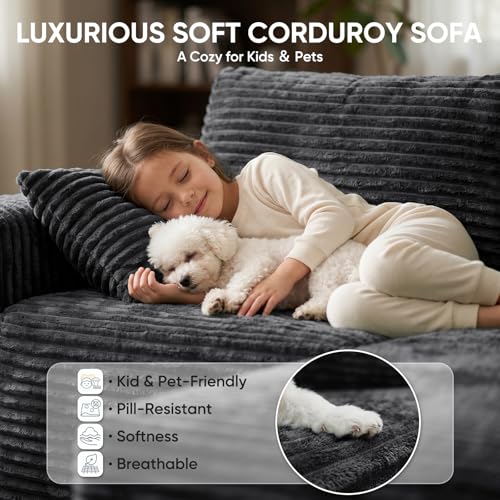 Image of Boneless Couch, 127 inch Sofas for Living Room, U Shaped Couch with Chaise | Sectional Sofa, Cloud Couch Sectional with Cup Holders and Storage, Cloud Sofa with Deep Seat, Grey, Corduroy, No Assembly