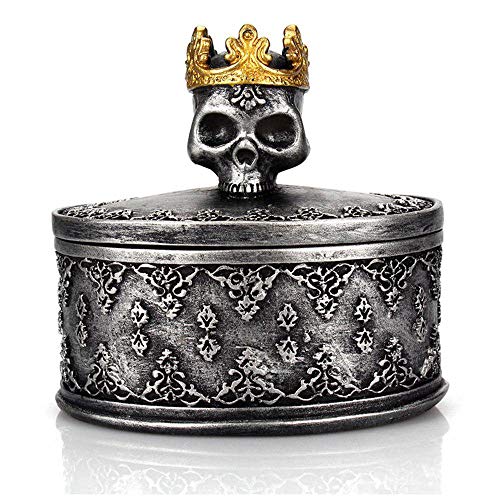 Volwco Totenkopf-Schmuckschatulle mit Kronen-Dekoration, Mini-Vitrine für Ringe, Halsketten, Ohrringe, Schmuck, Geschenk-Box grau Cover