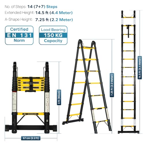 Image of Corvids 4.4m (14.5 ft) Foldable A-Type Carbon Steel Telescopic Ladder, 2-Year Warranty, 14-Step Heavy Duty Extension Ladder, Q195 Rustproof Alloy Steel, Portable Ladder for Home & Outdoor use