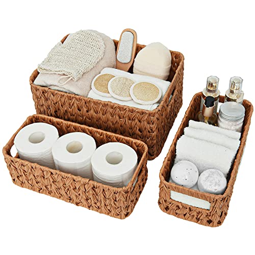 Image of GRANNY SAYS Wicker Baskets for Organizing, Waterproof Storage Baskets for Shelves, 1 Large and 2 Small Wicker Baskets, Caramel Orange, 3-Pack