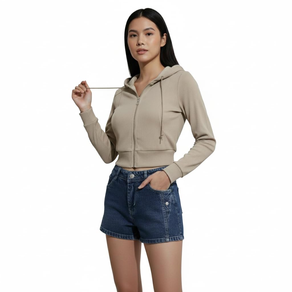 Women's Short Hoodie Zip Up Beige Knit Jacket Shoulder 13.5" Bust 35" Length 18" S/M-image-8