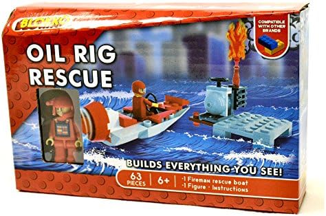 BLOKKO (TM) Construction Block Kit - Bricks Are Compatible With the Leading Brand – Stocking Stuffer - 63 Pieces – Oil Rig Rescue